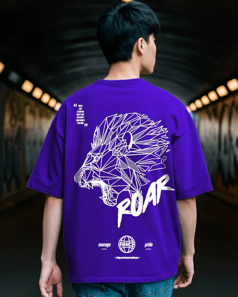 bewakoof Men's Blue Roaring Beast Graphic Printed Oversized T-shirt